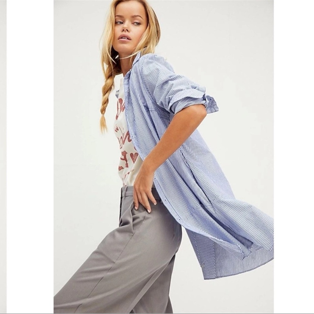 Free People XS Blue White All For You Striped Collared Flared Skirt Dress - Picture 13 of 13